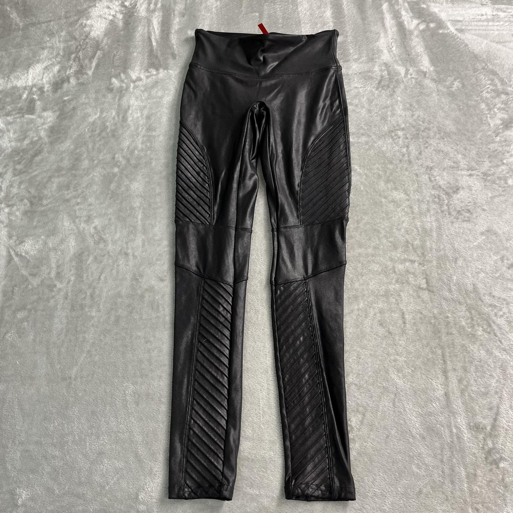 Spanx Leggings Womens Small Black Faux Leather Moto Quilted Ankle Shaping